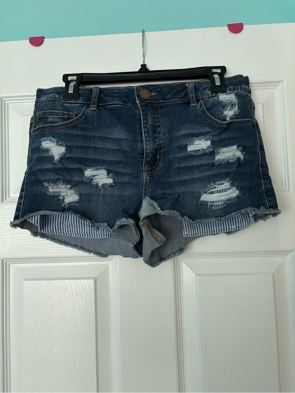 Rewind High Waisted Dark Blue Distressed Denim Shorts